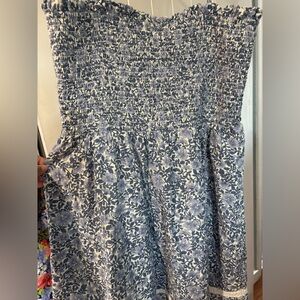 American Eagle Blue and White Smocked Strapless Dress